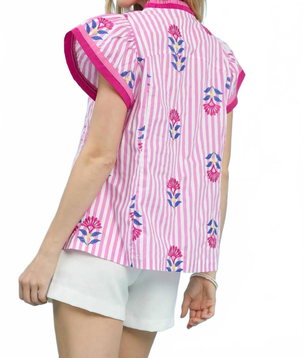 NEW UMGEE embroidered striped flutter sleeve top in pink - Picture 4 of 6